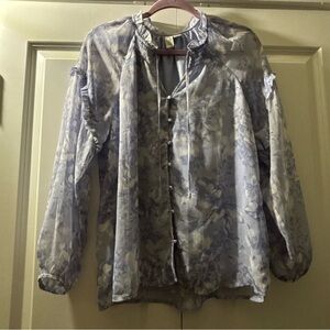 Joie Sheer Floral Button-Front Blouse in Light Blue and Ivory